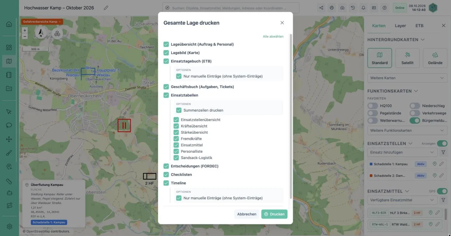 Dialog Gesamte Lage drucken mit E-Mail-Versand