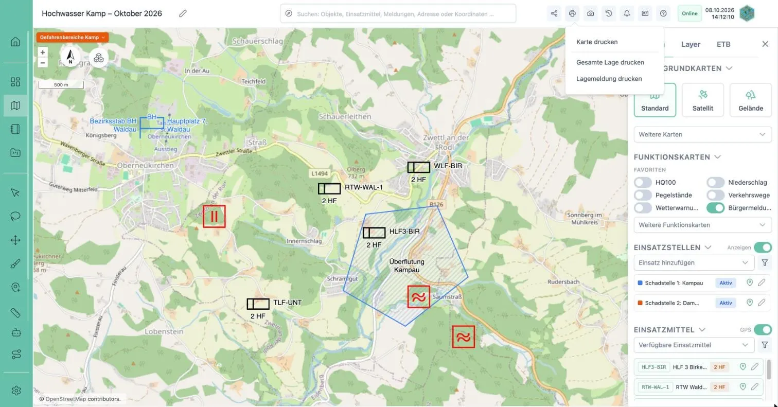 Druckmenü in der Kopfzeile