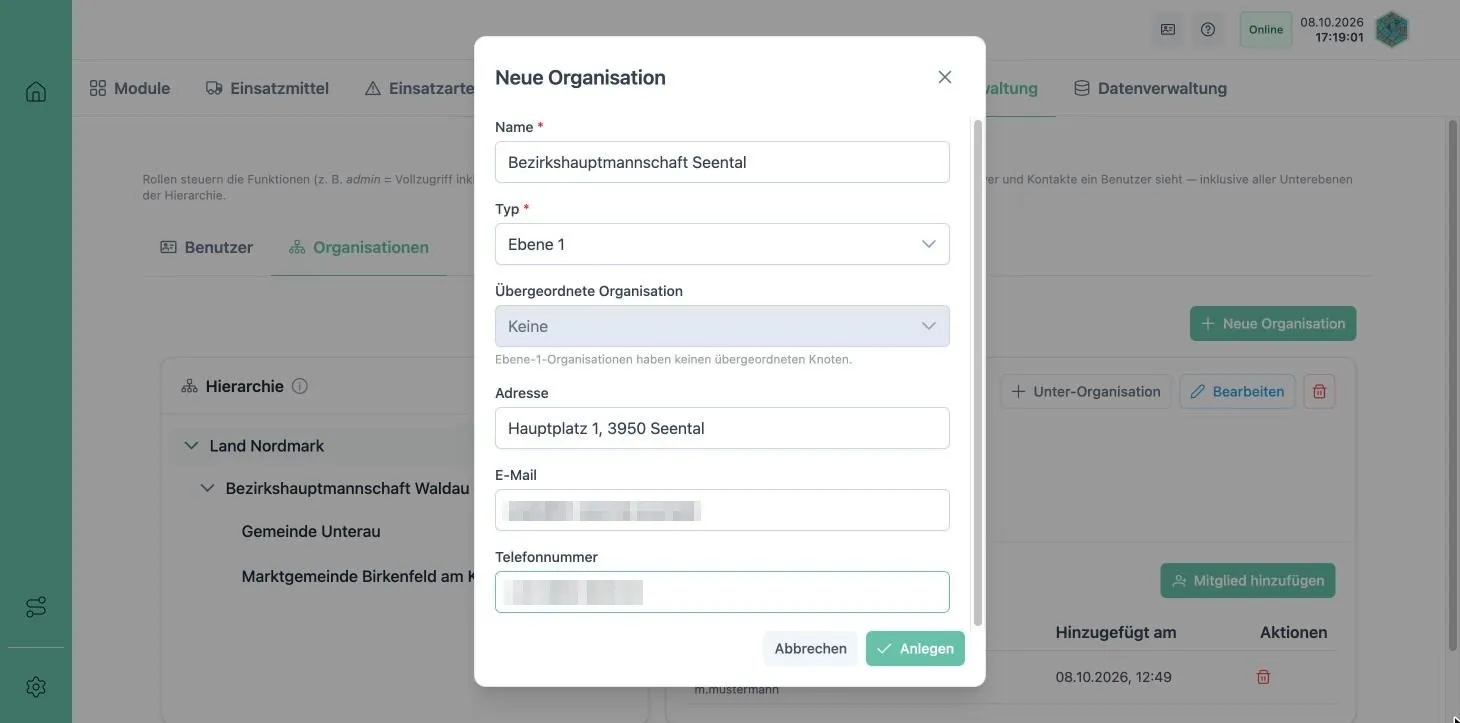 Dialog Neue Organisation