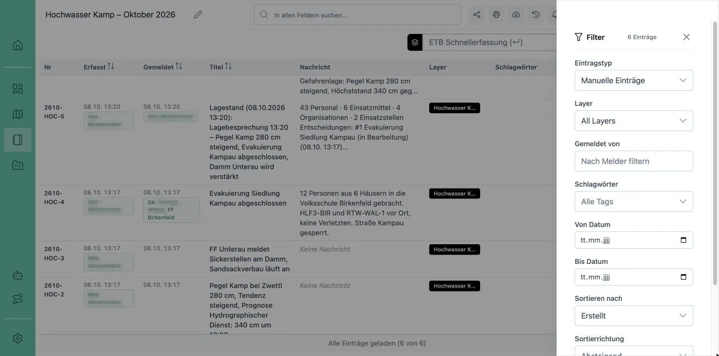 Filter des Einsatztagebuchs