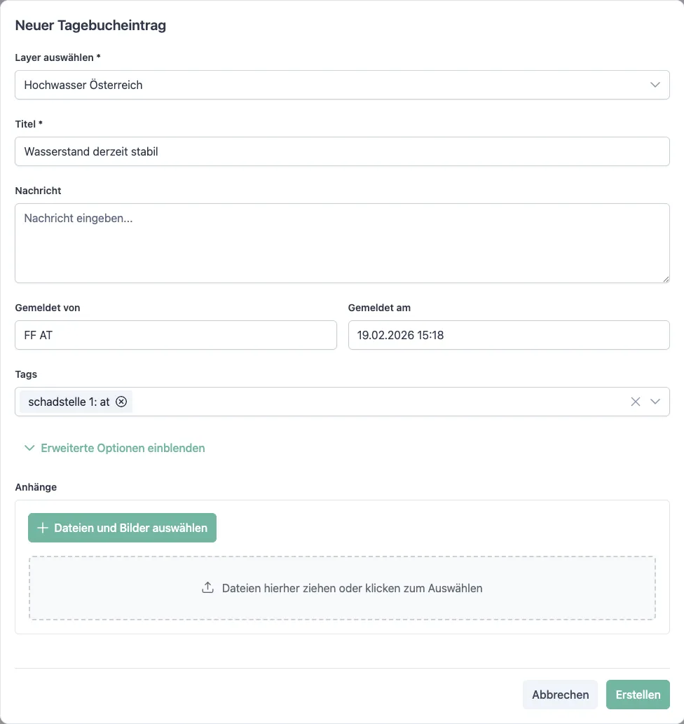 Eingabemaske Tagebucheintrag