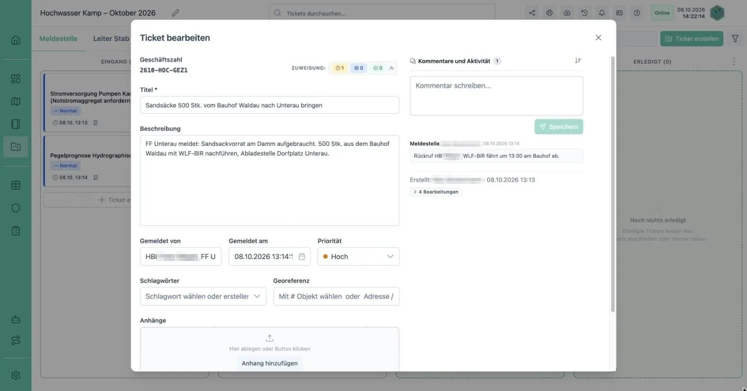 Ticket bearbeiten mit Kommentaren und Aktivität